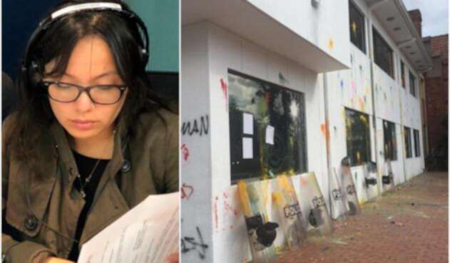 Jennifer Pedraza, líder de la Asociación Colombiana de Representantes Estudiantiles de la Educación Superior, en la cabina de LA FM, de RCN Radio. A la derecha las instalaciones de RCN Radio luego de la marcha estudiantil.