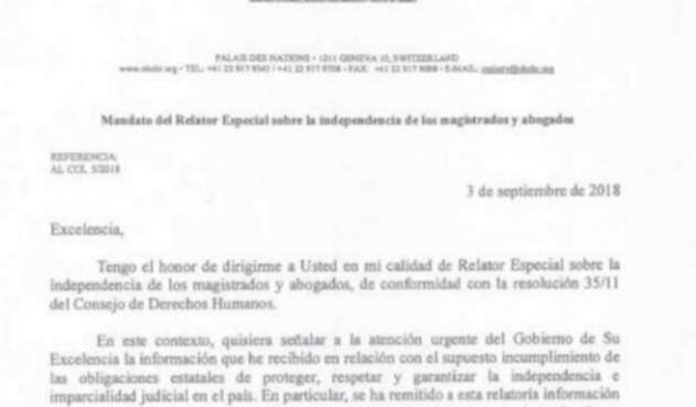 La misiva enviada por Diego García Sayán, relator de la ONU