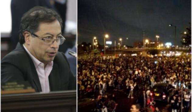 El senador Gustavo Petro. A la derecha, la calle 100 con Autopista Norte, en Bogotá, el día de los desmanes en las marchas estudiantiles