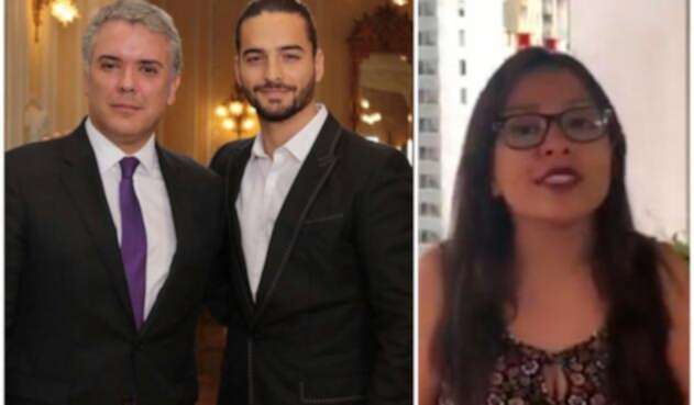 A la izquierda el presidente Iván Duque y el cantante Maluma. A la derecha la estudiante Jennifer Pedraza