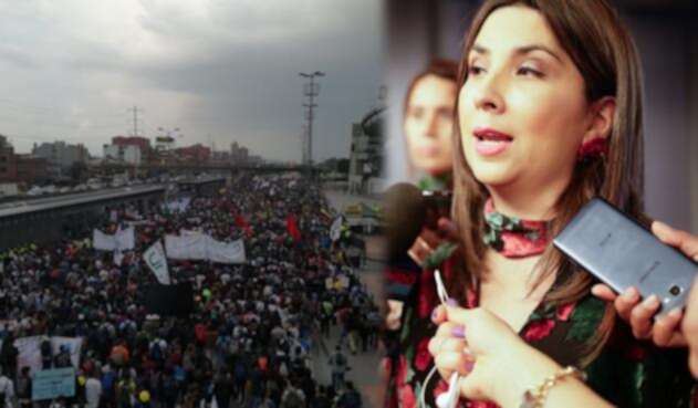 Marchas estudiantiles (izq) y la ministra de Educación, María Victoria Angulo (der)