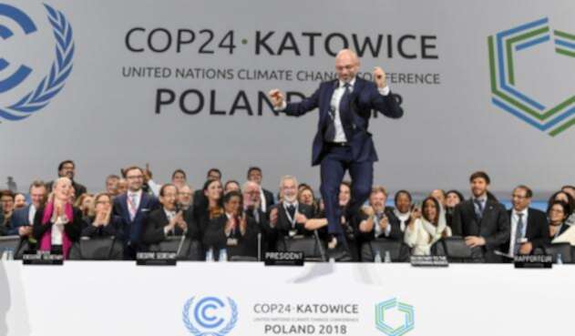 El presidente de la COP24, el polaco Michal Kurtyka, al término del Acuerdo de París, en Katowice (Polonia)
