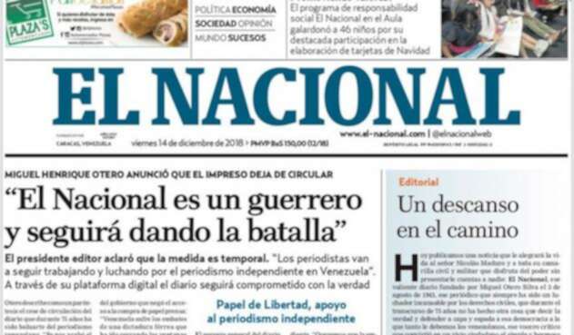 La última portada de la edición impresa del diario El Nacional, de Venezuela La última portada de la edición impresa del diario El Nacional, de Venezuela
