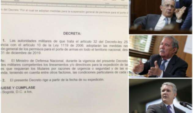El decreto que publicó el expresidente Álvaro Uribe en su cuenta en Twitter. A la derecha el exmandatario, el ministro de Defensa Guillermo Botero y el presidente Iván Duque