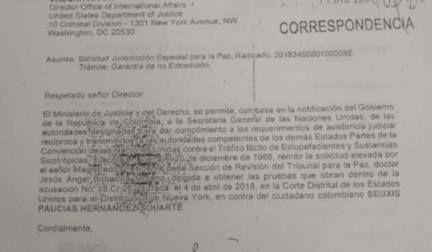 La carta del caso Santrich que debía llegar al Departamento de Justicia de Estados Unidos