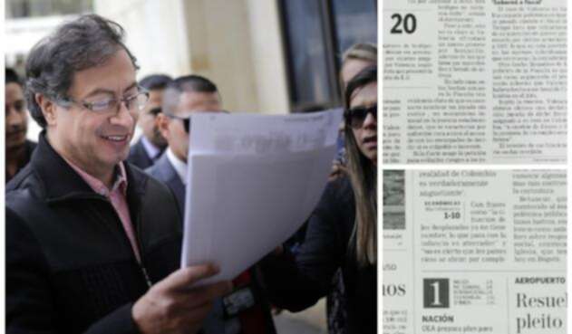 Gustavo Petro y los dos facsímiles que presentó en la Corte por el caso del video donde recibe fajos de billletes