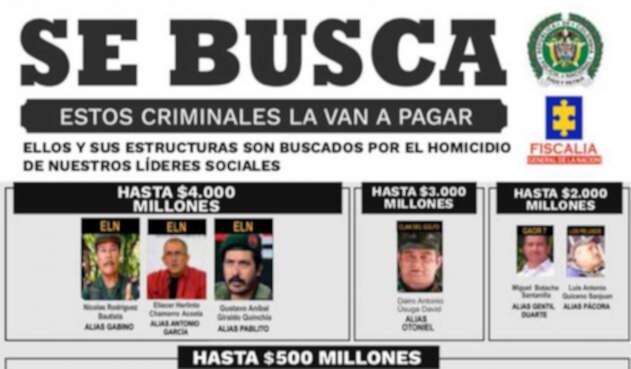 Recompensa por cabecillas de grupos armados ilegales. Recompensa por cabecillas de grupos armados ilegales.