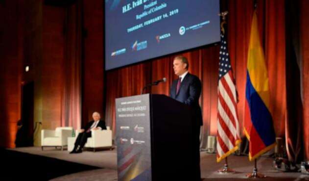 El presidente, Iván Duque, en la Cámara de Comercio de Estados Unidos, en Washington