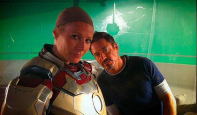 Gwyneth Paltrow junto a Robert Downey Jr. en grabaciones de Iron Man Gwyneth Paltrow junto a Robert Downey Jr.