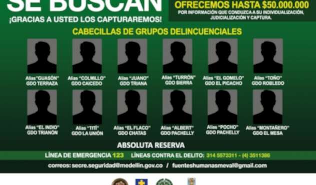Cartel de los más buscados en Medellín.
