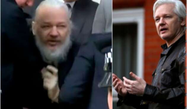 Julián Assange, fundador de Wikileaks, tras ser sacado de la embajada de Ecuador en Londres. A la derecha su aspecto el 19 de mayo de 2017, en el mismo lugar