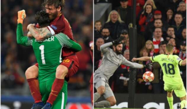 Alisson Becker celebrando con Daniele De Rossi la remontada de AS Roma ante Barcelona el 10 de abril de 2018 en Roma y Alisson Becker en el juego de la remontada de Liverpool ante Barcelona, el 7 de mayo de 2019 en Liverpool, ambos por Champions