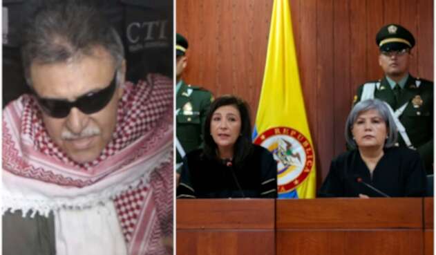 Jesús Santrich, integrante del partido Farc; Gloria Ortíz, presidenta de la Corte Constitucional y Patricia Linares, presidenta de la JEP