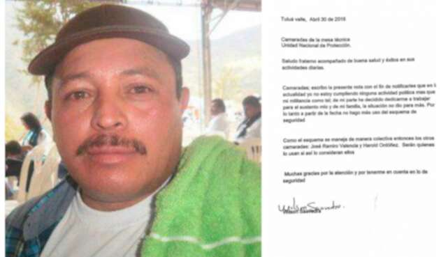 Wilson Saavedra, exintegrante de las Farc asesinado. A la derecha la misiva que envió
