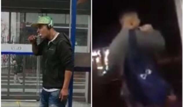 Hombres cepillándose en Transmilenio