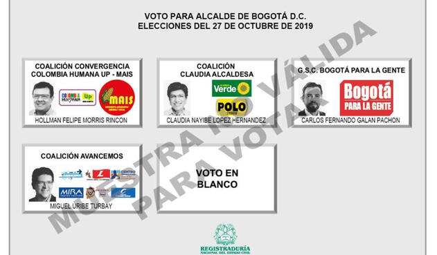 Tarjetón para elecciones de Alcaldía de Bogotá 2019