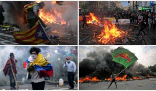 Distintas imágenes de protestas en Cataluña, Argelia, Hong Kong.