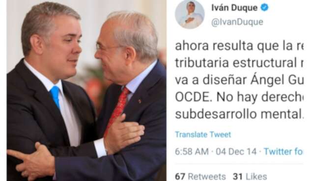 El presidente, Iván Duque, junto con Ángel Gurría, secretario general de la OCDE, en la Casa de Nariño, en Bogotá. A la derecha, el trino del exsenador y ahora jefe de Estado