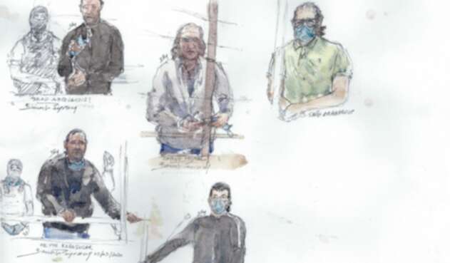 Boceto de la sala del tribunal que muestra a cinco de los 14 acusados por el atentado a Charlie Hebdo.