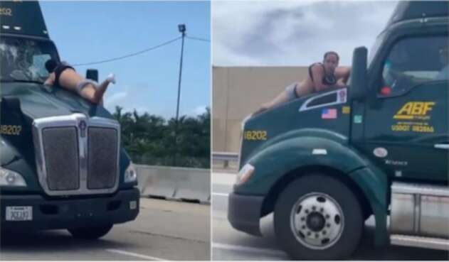 Hombre aferrado a un camión