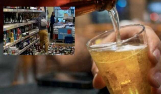 Mujer rompe botellas de licor en supermercado