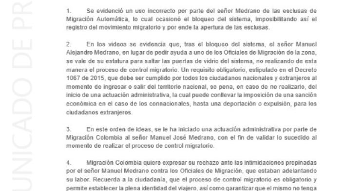 Comunicado de Migración Colombia sobre caso de Manuel Medrano Comunicado de Migración Colombia sobre caso de Manuel Medrano