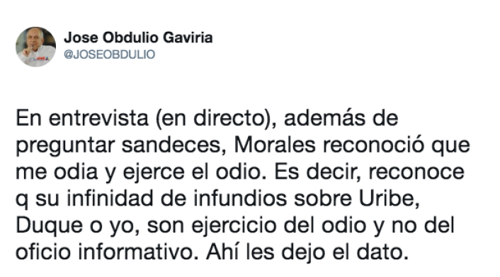 Mensaje de José Obdulio Gaviria contra un periodista