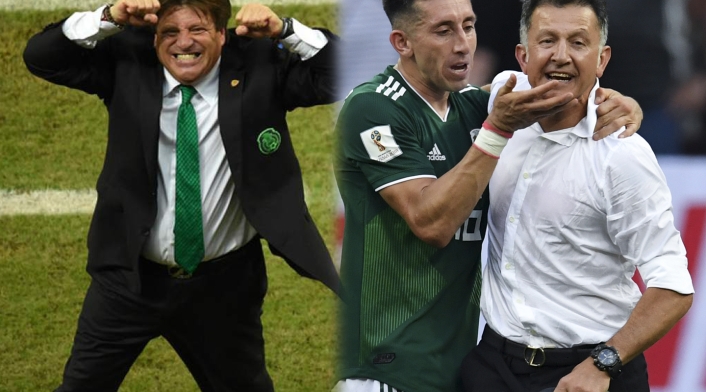 Miguel Herrera (izq) y Juan Carlos Osorio celebrando con sus jugadores (der)