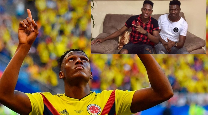 Yerry Mina celebrando su gol ante Senegal / En la imagen de la derecha está junto a su padre Eulises Mina Yerry Mina celebrando su gol ante Senegal / En la imagen de la derecha está junto a su padre Eulises Mina