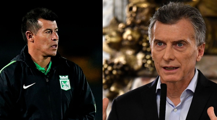 Jorge Almirón, técnico de Nacional y; Mauricio Macri, presidente de Argentina
