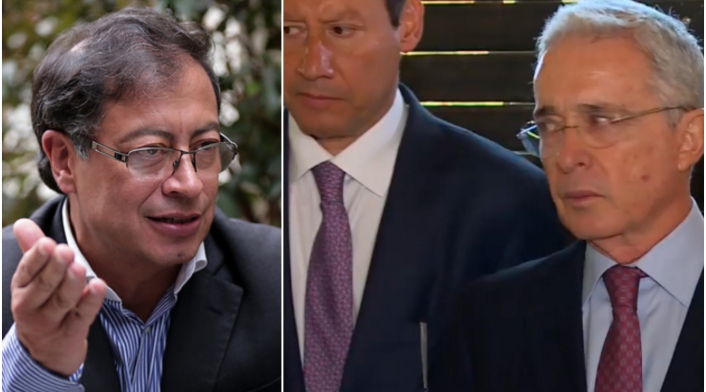 Gustavo Petro, a la izquierda en Bogotá. A la derecha, el abogado Jaime Lombana y el expresidente Álvaro Uribe en la finca de este último en Rionegro (Antioquia)