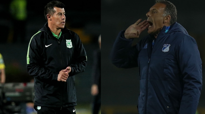 Jorge Almirón, técnico de Atlético Nacional, y Miguel Russo, técnico de Millonarios