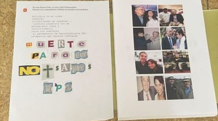 Panfleto que llegó a la sede del Centro Democrático. Panfleto que llegó a la sede del Centro Democrático.