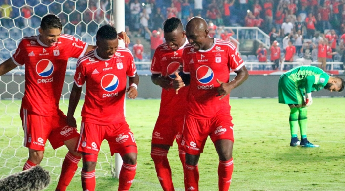 América de Cali, jugadores celebrando tras un gol anotado ante Leones en la Liga Águila II 2018