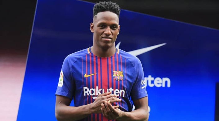 Yerry Mina cuando fue presentado como jugador del FC Barcelona