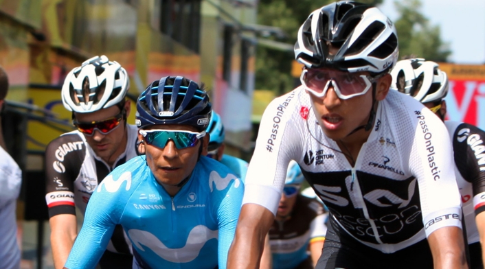 Nairo Quintana y Egan Bernal el 14 de julio de 2018 en Francia