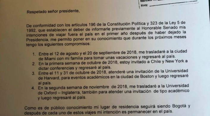 La carta que el expresidente Juan Manuel Santos le envió a Ernesto Macías, presidente del Congreso