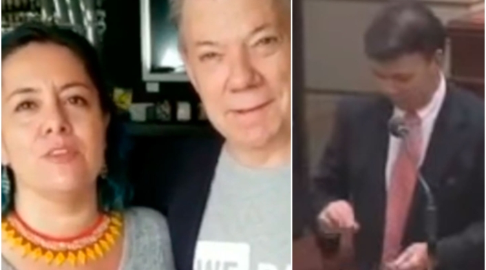 Ana María González Forero y Juan Manuel Santos en Nueva York. A la derecha, cuando le lanzó el huevo