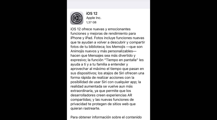 La notificación anunciando la posibilidad de descargar el iOS 12