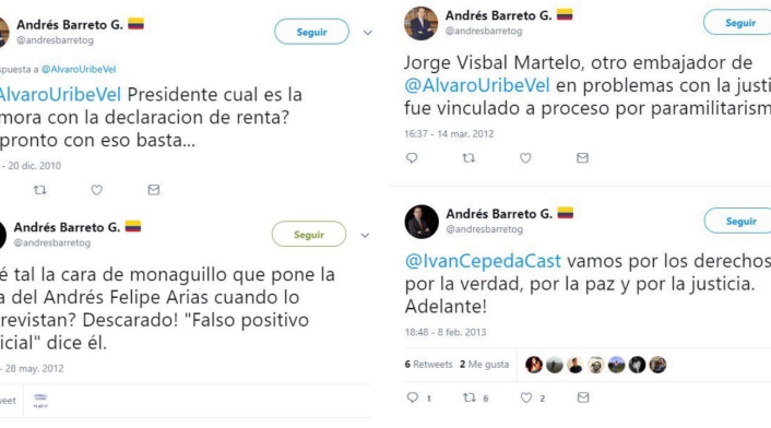 Los trinos de Andrés Barreto contra el uribismo