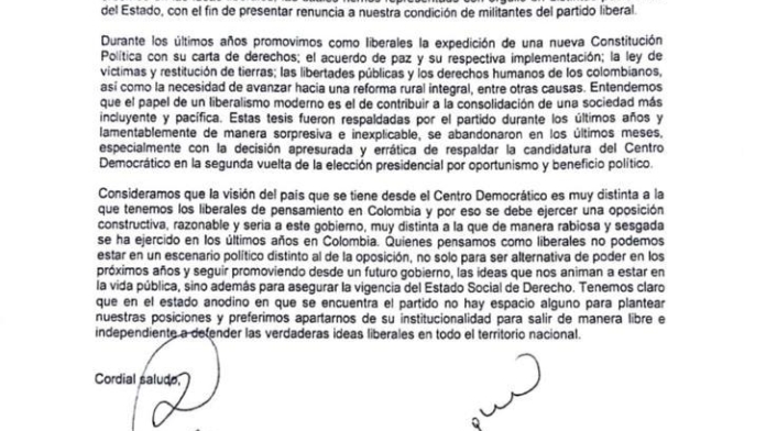Carta de renuncia a César Gaviria.