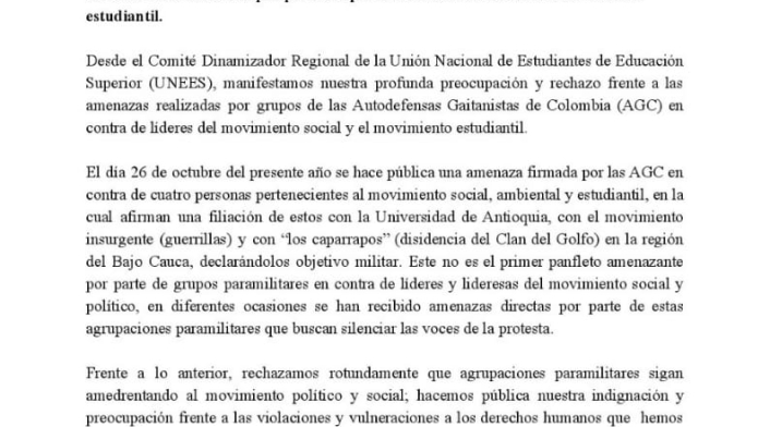 Comunicado Unión Nacional de Estudiantes de Educación Superior (Unees)