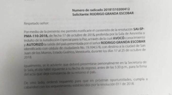 Aval de la JEP para Rodrigo Granda en Venezuela