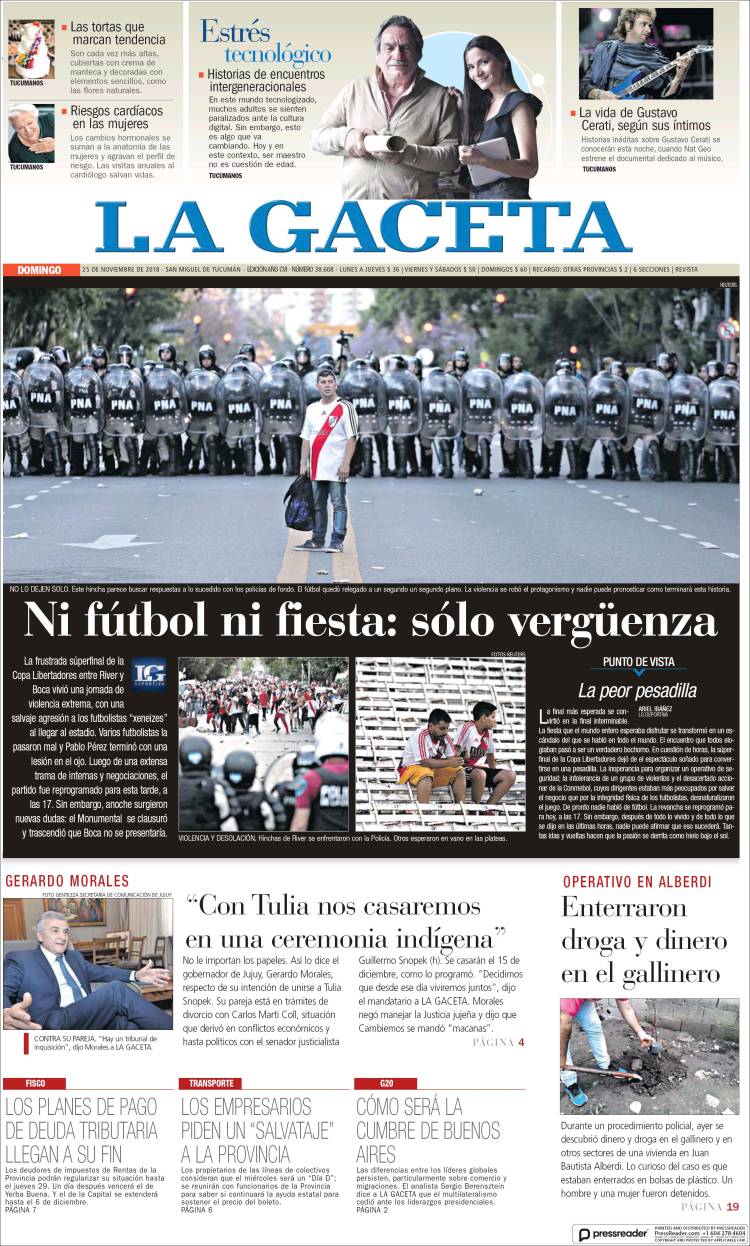 Portada de La Gaceta tras los desmanes en el River vs Boca Portada de La Gaceta tras los desmanes en el River vs Boca
