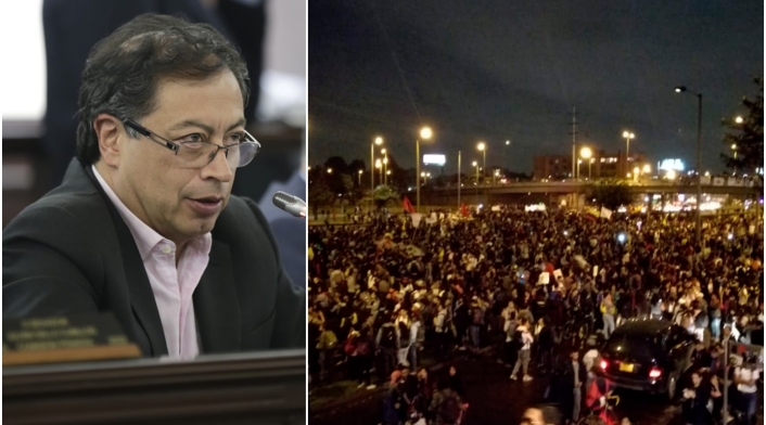 El senador Gustavo Petro. A la derecha, la calle 100 con Autopista Norte, en Bogotá, el día de los desmanes en las marchas estudiantiles