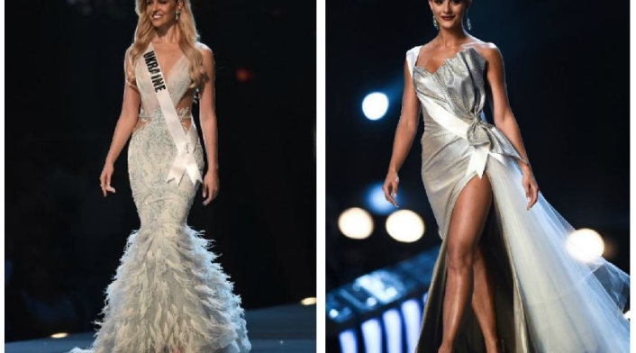 Desfile en traje de gala de Miss Ucrania, Karina Zhosan y Miss USA, Sarah Rose.