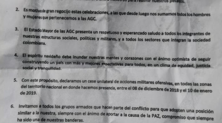 El Clan del Golfo dice que suspenderán las ofensivas hasta el 10 de enero.