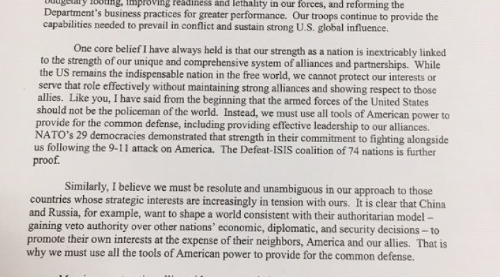Carta de renuncia de Mattis Carta de renuncia de Mattis