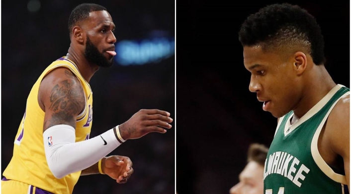 LeBron James de Los Ángeles Lakers y Giannis Antetokounmpo de los Bucks LeBron James y Giannis Antetokounmpo