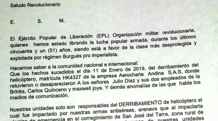 Comunicado del Epl sobre tripulación secuestrados en el Catatumbo